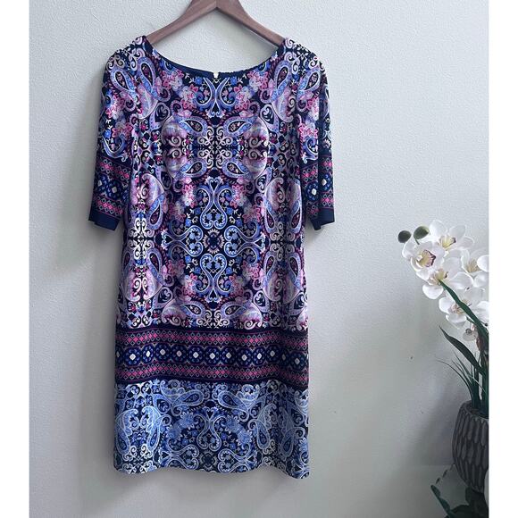 Eliza J Paisley Floral Blue Short Sleeves Knee Length Cocktail Dress Women's 10 - Picture 2 of 7